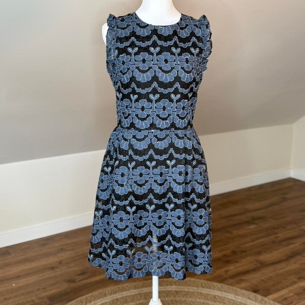 Practical Magic Denim Blue & Black Floral Lace Sheath Dress Wedding Cocktail